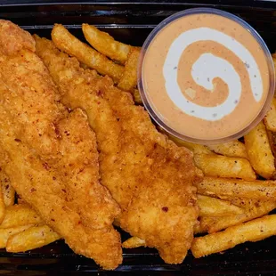 fish and fries with dipping sauce