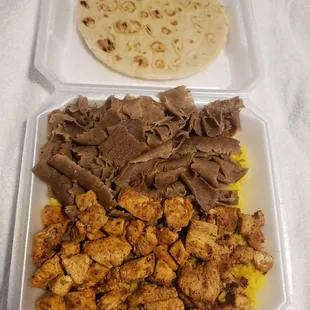 Combo meat plate, chicken gyro and regular gyro meat