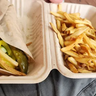 Falafel pita with a side of fries