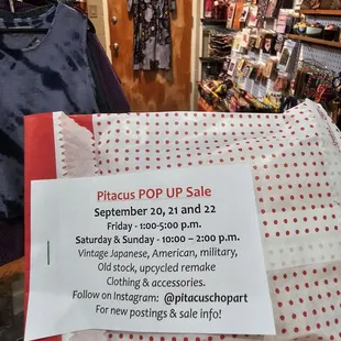 Pop-up sale!!! September 20 - 22, 2024