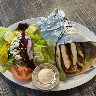Chicken Shawarma Platter with Side Greek Salad.  Combo includes a fountain drink.