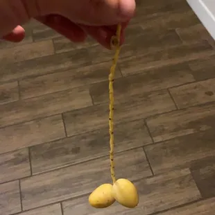 a hand holding a string of pasta