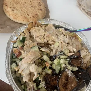 Mediterranean Chicken Shawarma Plate (FRIED EGGPLANT, Mediterranean Salad, Rice, Hummus, Baba Ganoush, Tahini Sauce)