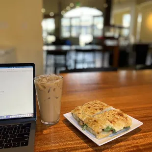 a sandwich and iced coffee