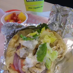 Jr. chicken pita combo with drink and a fruit cup. $6.49 as of August 2018..