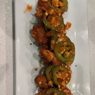 The best of pitch &amp; fiddle prawns spicy buffalo sauce- fresh garlic and jalapeños dj special.Oh the prawns are on the menu. 5 stars