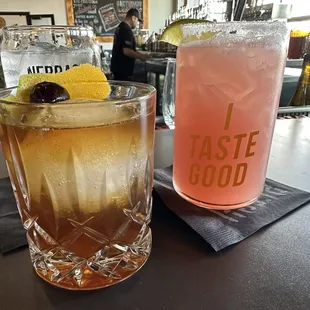 Old fashioned and pomegranate margarita.