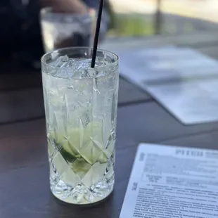 a glass of water with ice and a slice of cucumber