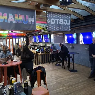 people sitting at tables in a bar