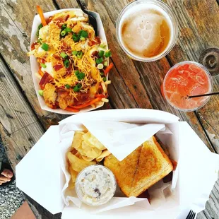 a table with food and drinks