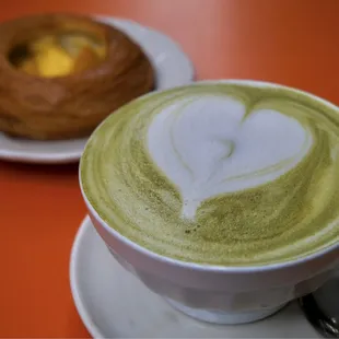 Matcha latte and peach danish