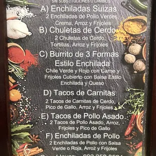 the menu of the restaurant