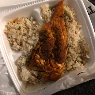 Grilled salmon with vegetable rice
