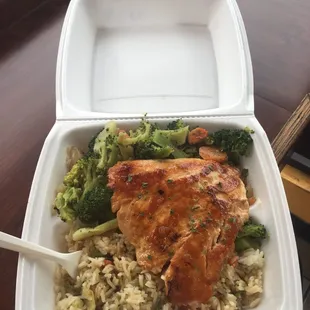 Grilled salmon with honey ginger sauce, rice, and veggies