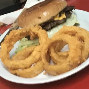 a burger and onion rings