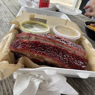 Ribs, Brisket, sausage, green beans and Mac and cheese