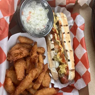 Coleslaw, Onion Petals, and Beef Hotdog