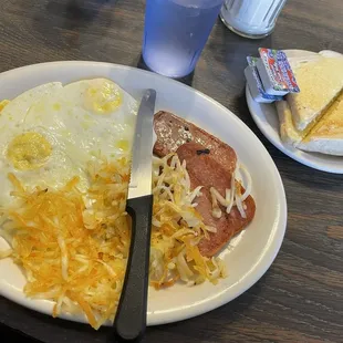 Spam + eggs with hash browns &amp; sourdough toast