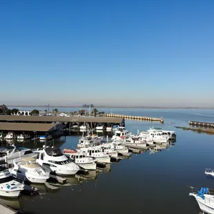 Drone picture from above the Yacht club looking out at its docks.
