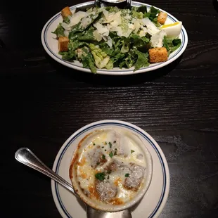 Cesar salad and french onion soup