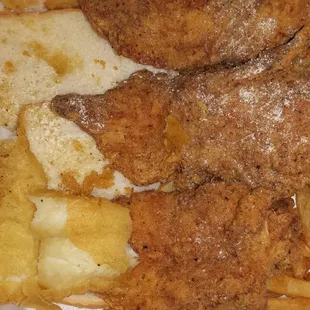 Very dry combo of chicken and cod with one piece of unknown variety of fish
