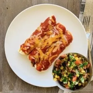 Enchiladas with black bean corn salad (chicken or vegetarian; flour or corn tortillas)