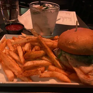 Chicken Pesto Sandwich and fries