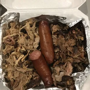 Three meat platter - Pulled pork, smoked sausage and chopped beef.