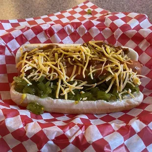 Relish, cheddar, jalapeño, chili