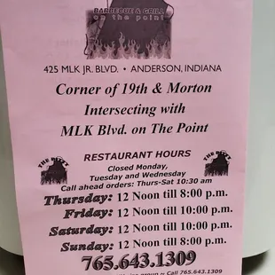 April 2021 back of take-out menu.