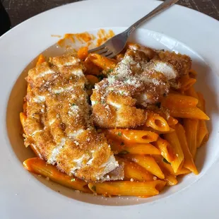 penne à Penne alla Vodka Pasta with breaded chicken