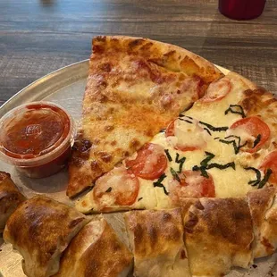 Plain cheese pizza, margarita pizza, and plain cheese stick