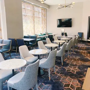 tables and chairs in a restaurant