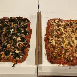 Sicilian style pizzas - mushroom and spinach, and sausage