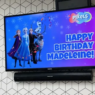 Pixels personalized birthday TV banner.