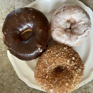 Chocolate glazed, crumb and sugar glazed.