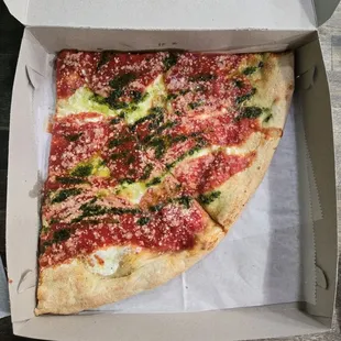 Margherita! 12-13" radius. Best Margherita I've had. The basil oil isn't v conventional but the taste is classic and executed to perfection.