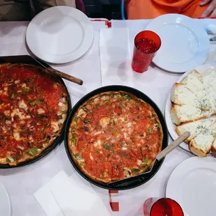 Rudy Special Deep Dish, Deep Dish Vegetarian Special Pizza, Cheesy Garlic Bread