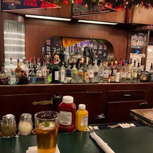 a bar with a green counter