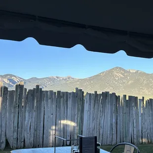 Outdoor patio with a nice view of the mountains.