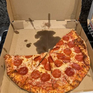 a slice of pepperoni pizza in a box