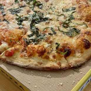 Plain pizza (but definitely not a plain in flavor) with basil