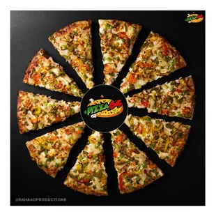 a pizza cut into eight slices