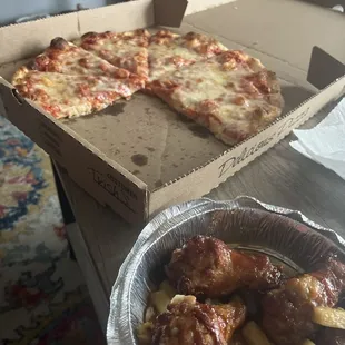 Cheese pizza and teriyaki pineapple wings