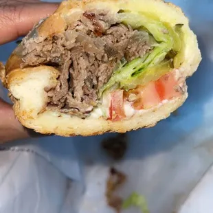 Inside of the Cheesesteak w/American Cheese. Very good &amp; good balance of meat &amp; condiments:)