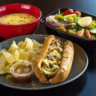 Chicago Beef Sandwich, soup and salad
