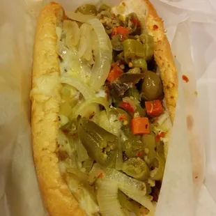 Italian Beef with Onions, Hot Giardiniera, and Mozzarella