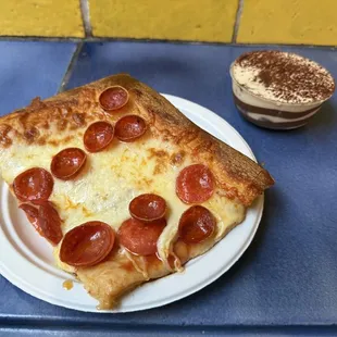 Pepperoni pizza and tiramisu