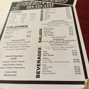 menu and prices