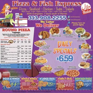 a menu for pizza and fish express